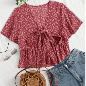 Ditsy Floral Tie Front Peplum Blouse 1X